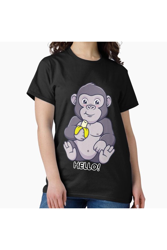 Cute Baby Gorilla Holding Banana T-Shirt | Adorable Cartoon Ape Hello Tee | Funny Animal Lover Gift H1842, for Unisex, Up to Size 5XL