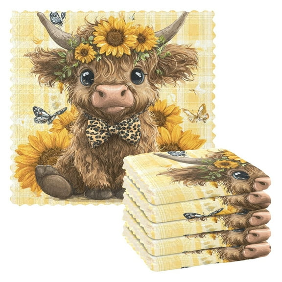 Cute Baby Highland Cow Kitchen Cloth Dish Towels for Drying Washing Absorbent Dish Rags Reusable soft kitchen dishcloth set 6 Pack