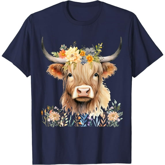 Cute Baby Highland Cow With Flowers Calf Animal Softstyle Unisex T-Shirt,Navy Color,Size L