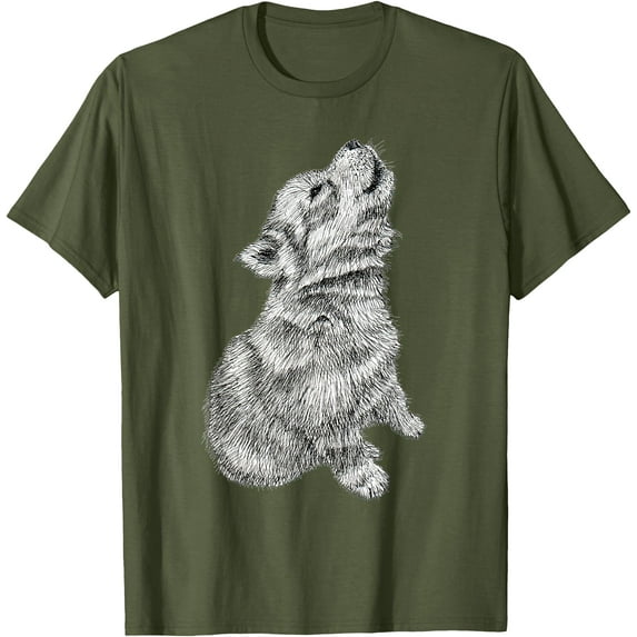 Cute Baby Howling Wolf Cub Pup Sketch Unisex T-Shirt for Men Women Kids Toddler,Military Green Color,Size YXS
