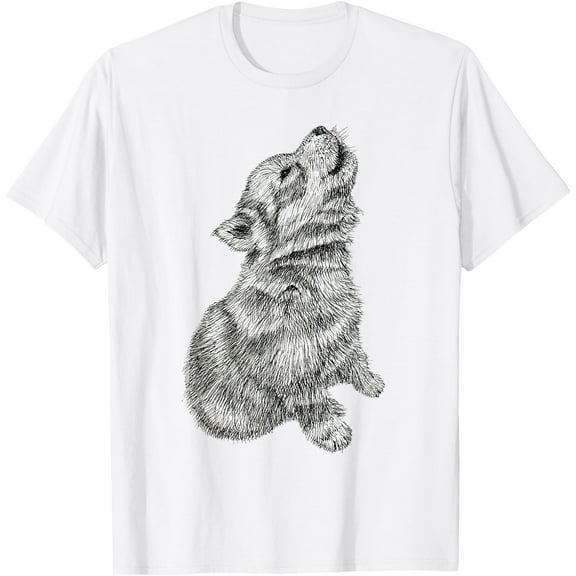 Cute Baby Howling Wolf Cub Pup Sketch Unisex T-Shirt for Men Women Kids Toddler,White Color,Size 4T