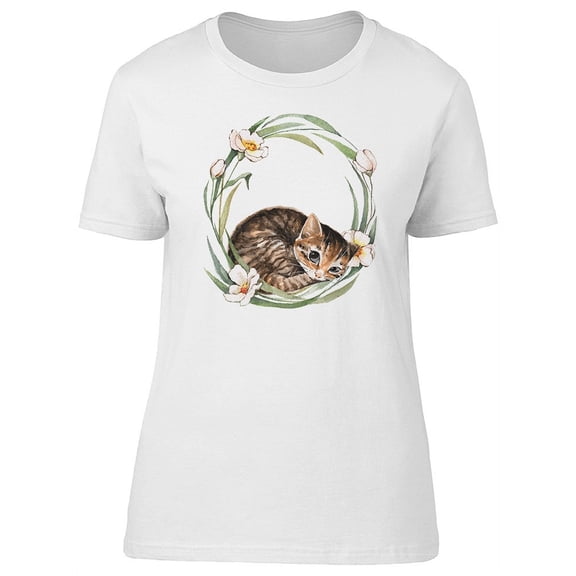 Cute Baby Kitten & Floral Wreath T-Shirt Women -Image by Shutterstock, Female Small