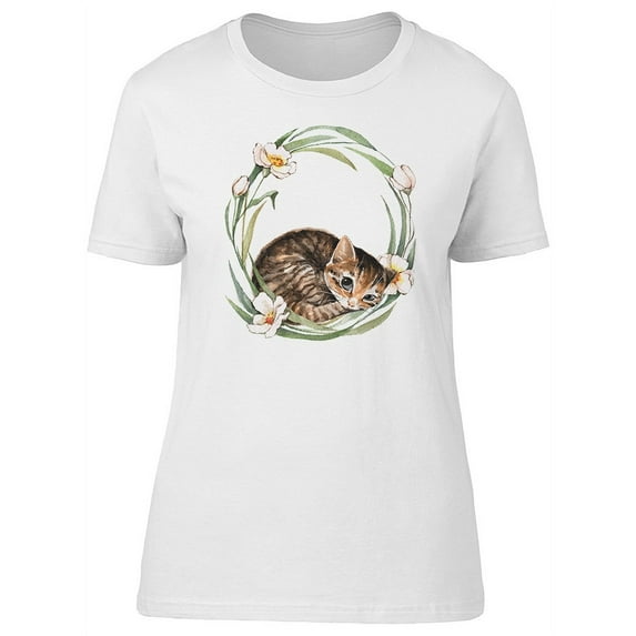 Cute Baby Kitten & Floral Wreath T-Shirt Women -Image by Shutterstock, Female x-Large