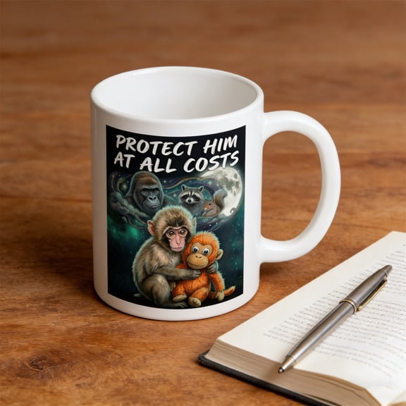 Cute Baby Monkey Ceramic Coffee Mug 11oz Funny Animal Cup Protect Him At All Costs Novelty Monkey Mug, Dishwasher Microwave Safe Coffee Tea Cup Gift for Animal Lovers