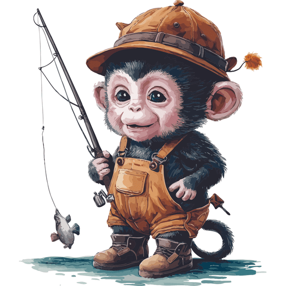 Cute Baby Monkey Fishing Animal Wild Adventure Fun Colorful Animals Forest Creature Wall Art Sticker Designs Vinyl Stickers For Home House Walls Rooms Windows Bedroom Decoration Size (24x26 inch)