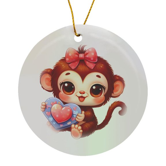 3drose, Cute Baby Monkey Holding a Heart Illustration, Circle Porcelain Ornament