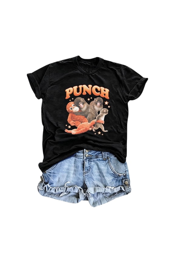 Cute Baby Monkey Named Punch Shirt Punch Monkey Supporter T-Shirt Punching Graphic Short Sleeve Shirts Tee for Women