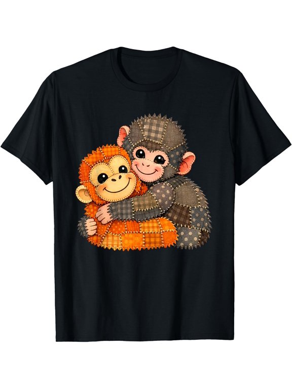 Cute Baby Monkey Plush Hugging Mother Animal Art Emotional T-Shirt