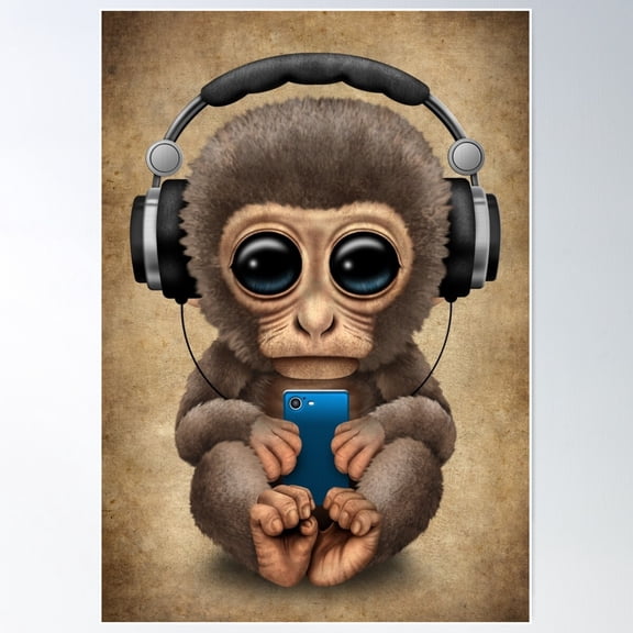 Cute Baby Monkey With Cell Phone Wearing Headphones Poster Wall Art, Modern Wall Decor For Living Room Bedroom, 24x36 UNFRAMED
