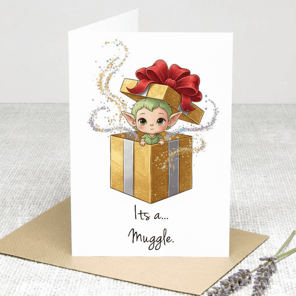 Cute Baby Muggle Card Adorable Elf in Gift Box Design Blank Inside for Personalized Messages Perfect for Baby Showers, Birth Announcements, or Celebrations