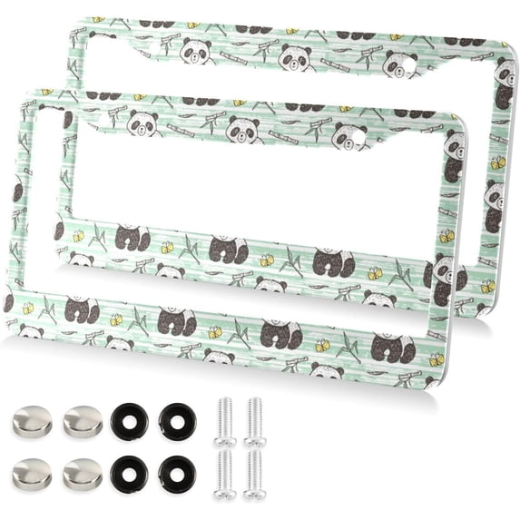 Cute Baby Panda with Bamboo License Plate Frame - 2 Pack Universal Stainless Steel License Plate Holder with Screws & Chrome Caps, 2 Holes Car License Plate Cover for US Vehicles Home Decor