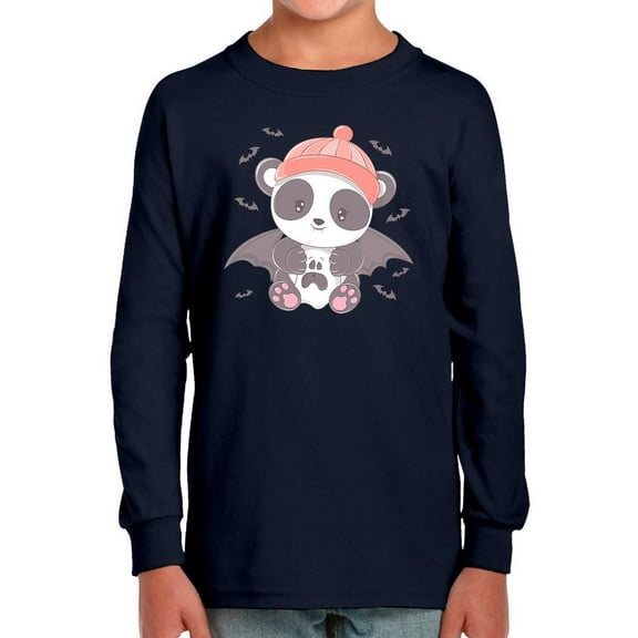 Cute Baby Panda W Ghost Long Sleeve Toddler - Toddler Long Sleeve Tee, Navy