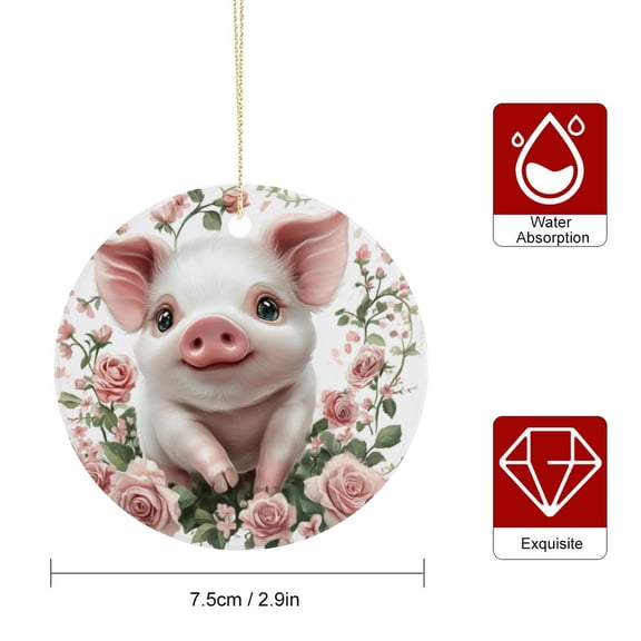 Cute Baby Pig with Pink Roses Ceramic Ornament Christmas Hanging Ornament Gifts Circle Ceramic Ornament Ceramic Christmas Tree Ornaments Animal Pig Hanging Home Decorations Ornaments