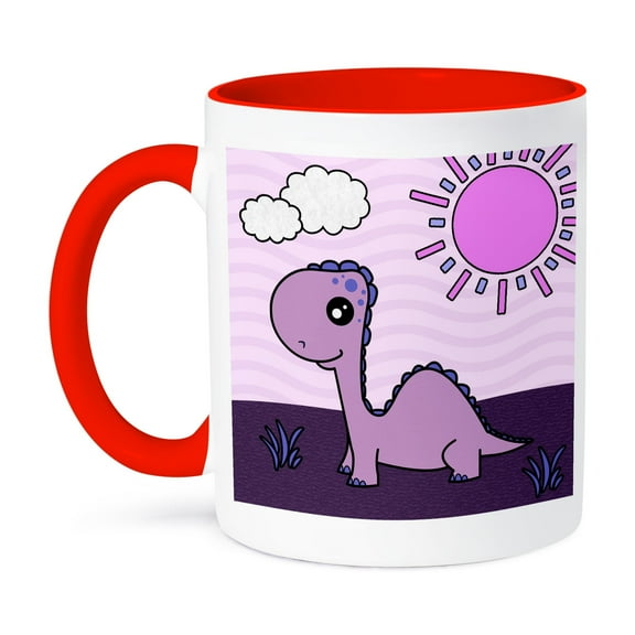 3dRose, Cute Baby Purple Dinosaur Scene, 11oz Two-Tone Red Mug