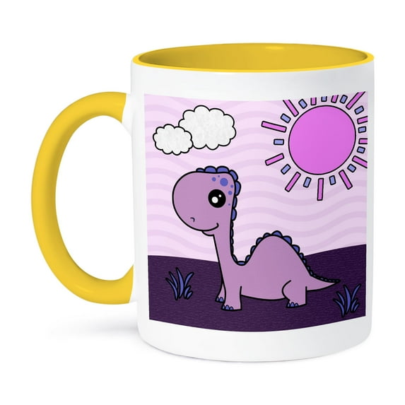 3dRose, Cute Baby Purple Dinosaur Scene, 11oz Two-Tone Yellow Mug