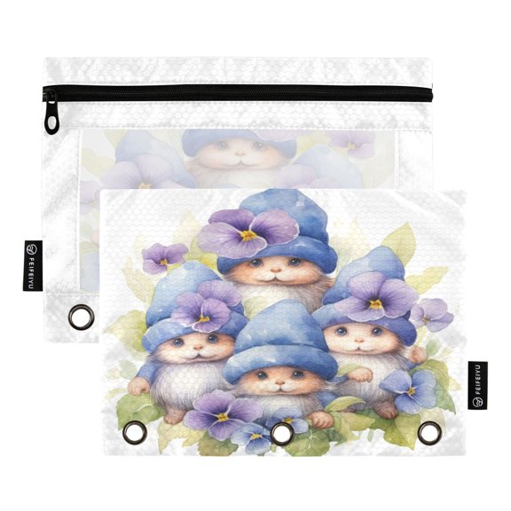 Cute Baby Rabbits and Flower 2 Pack Pencil Pouch for 3 Ring Binder Smooth Zipper Folders with Pockets Clear Window Pencil Case