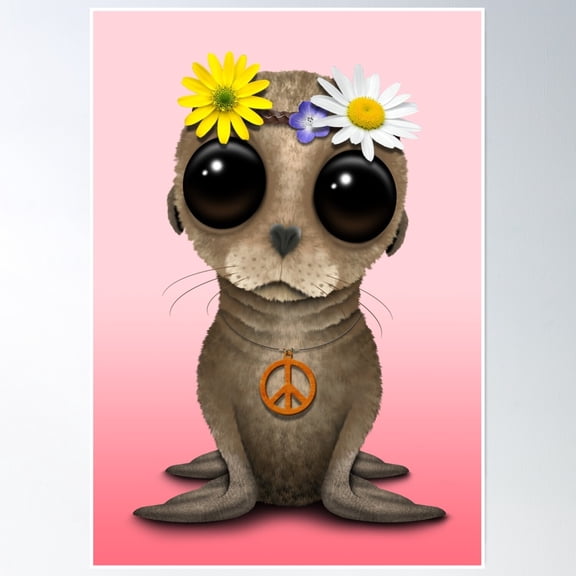 Cute Baby Sea Lion Hippie On Pink Poster Wall Art, Modern Wall Decor, 8x12 UNFRAMED