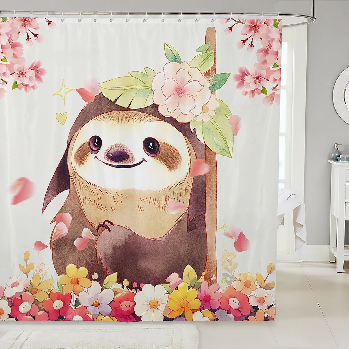 Cute Baby Sloth Bathroom Shower Curtain Sets,Cartoon Sloth with Pink