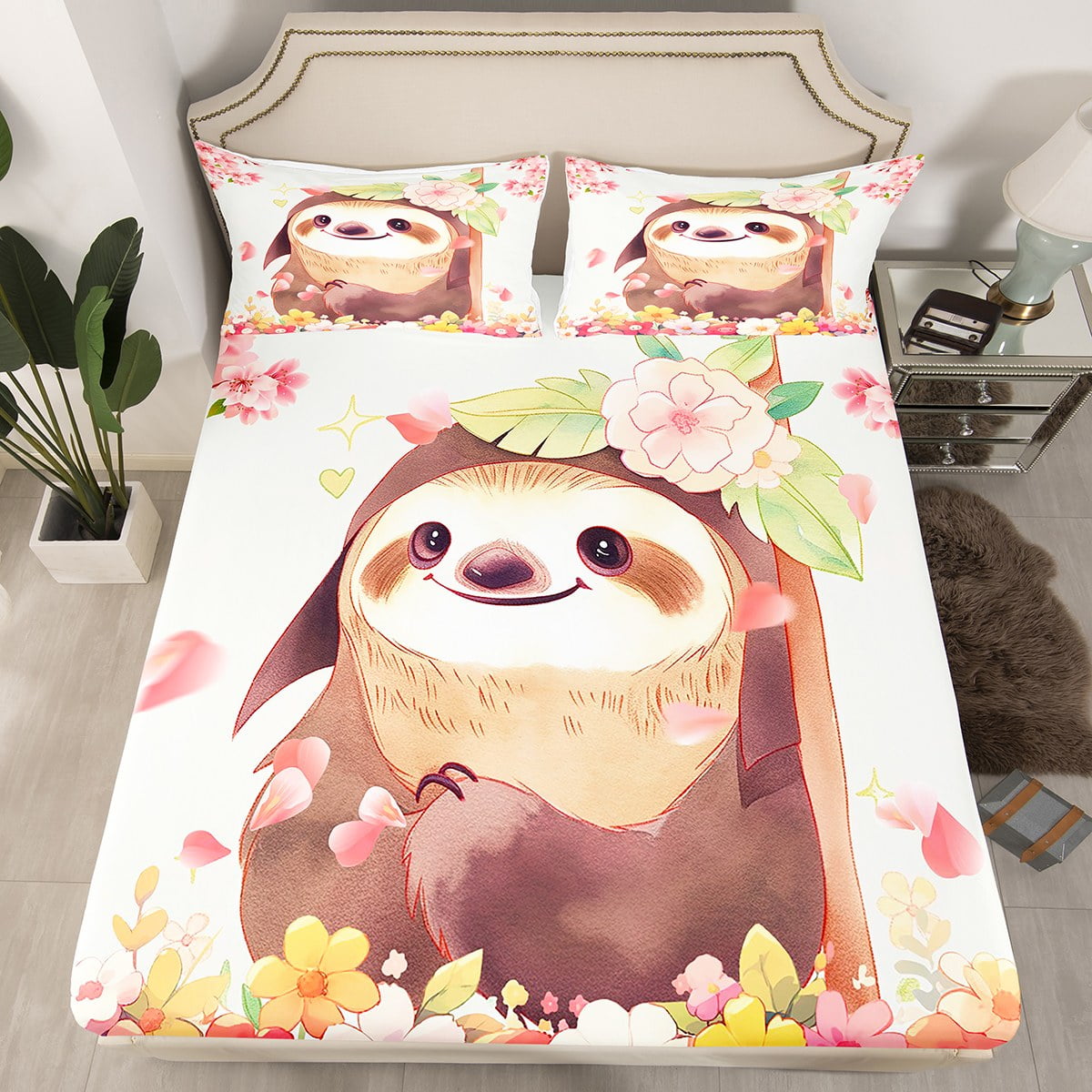 Cute Baby Sloth Bedding Set Twin Cartoon Sloth with Pink Floral Decor Fitted Sheet Tropical Animal Jungle Wildlife Bed Sheets Botanical Blossoms