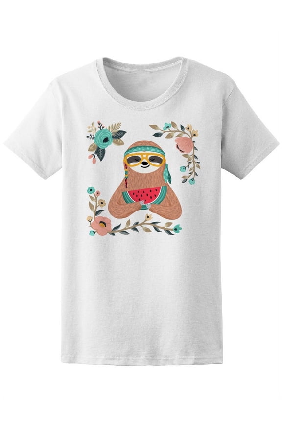 Cute Baby Sloth Eats Watermelon T-Shirt Women -Image by Shutterstock, Female Medium