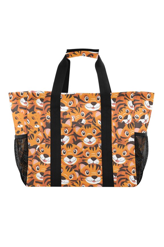 Cute Baby Tigers Reusable Grocery Bags with Handle Side Pocket Waterproof Shopping Portable Tote