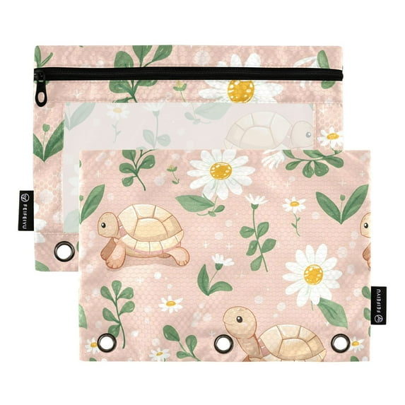 Cute Baby Turtle 2 Pack Pencil Pouch for 3 Ring Binder Smooth Zipper Folders with Pockets Clear Window Pencil Case