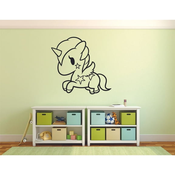 Cute Baby Unicorn Stars Unicorns Horn Wings Cartoon Wall Sticker Art Decal for Girls Boys Room Bedroom Nursery Kindergarten House Fun Home Decor Stickers Wall Art Vinyl Decoration Size (40x40 inch)
