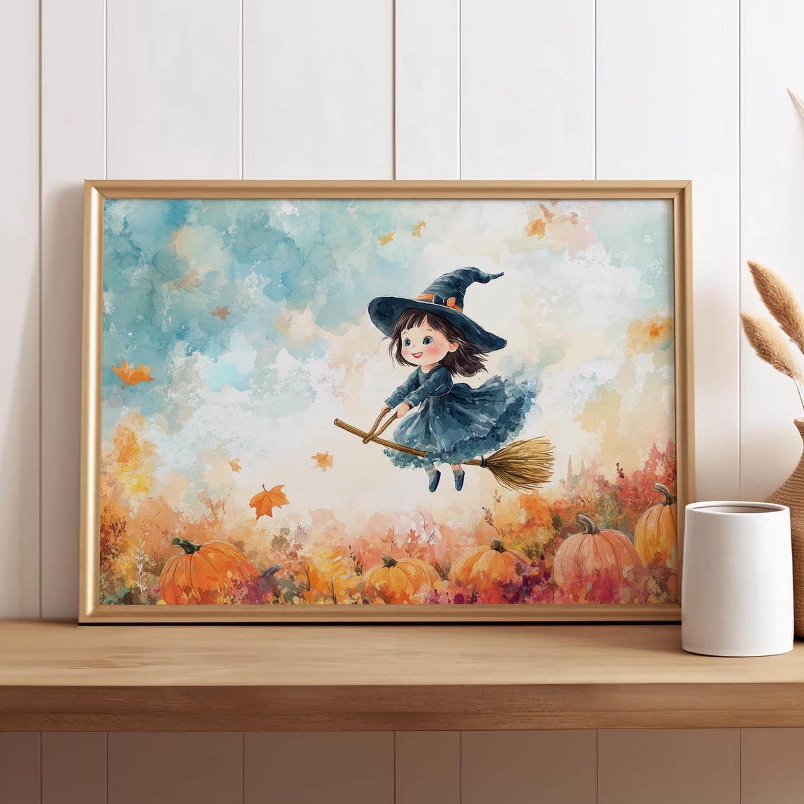 Cute Baby Witch Flying On A Broomstick Over A Pumpkin Patch Watercolor Poster Or Print ...