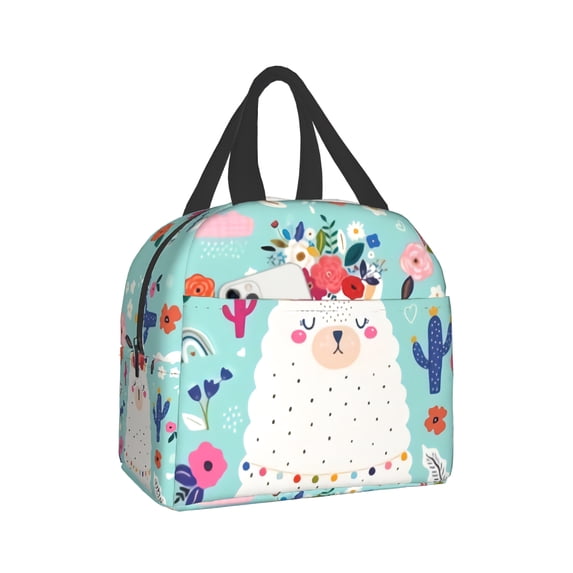 Cute BabyLlama With Spring Floral Wreath Cactus Insulated Lunch Bag Reusable Leakproof Lunch Box for Work School Travel