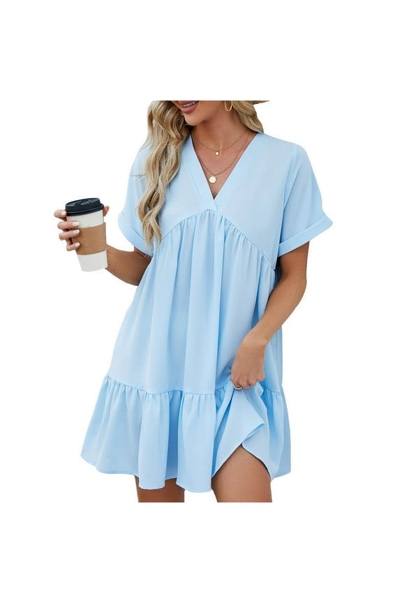 Cute Babydoll Dresses for Women 2024 Summer Casual V Neck Short Sleeve A-Line Loose Swing Tunic Mini Dress