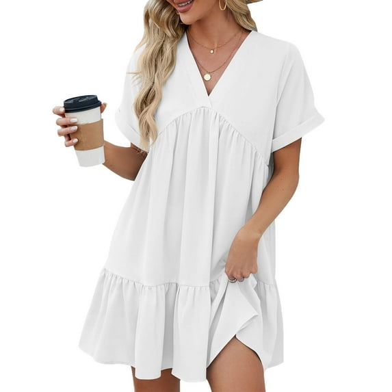 Cute Babydoll Dresses for Women 2024 Summer Casual V Neck Short Sleeve A-Line Loose Swing Tunic Mini Dress