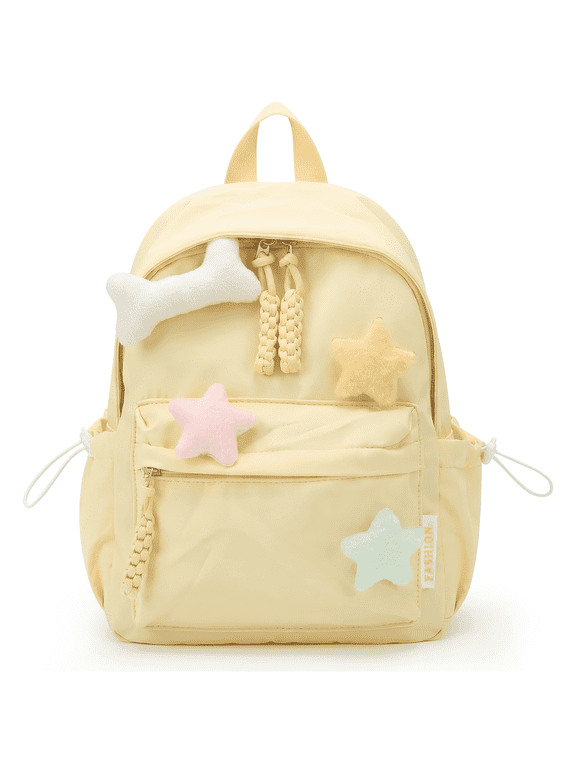 Cute Backpack, with Colorful Pom Pom Star Patch, Kawaii Y2K Aesthetic, Lightweight Rucksack Versatile Daypack, Backpack Laptop Backpack Back to College Supplies,Yellow