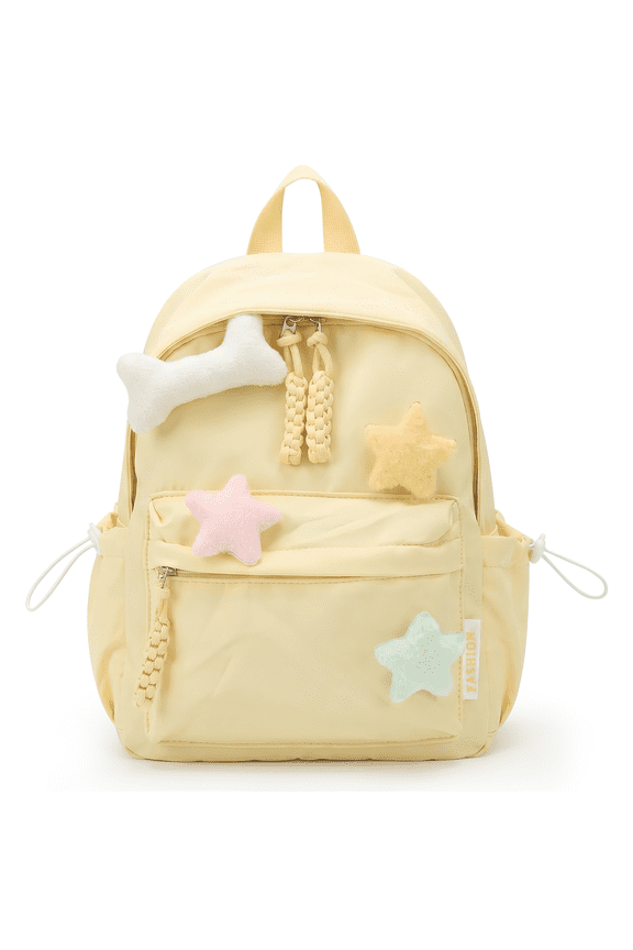 Cute Backpack, with Colorful Pom Pom Star Patch, Kawaii Y2K Aesthetic, Lightweight Rucksack Versatile Daypack, Backpack Laptop Backpack Back to College Supplies,Yellow