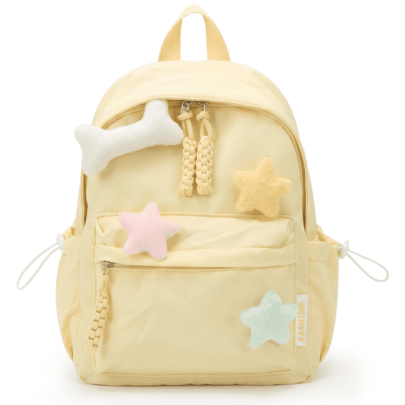 Cute Backpack, with Colorful Pom Pom Star Patch, Kawaii Y2K Aesthetic, Lightweight Rucksack Versatile Daypack, Backpack Laptop Backpack Back to College Supplies,Yellow