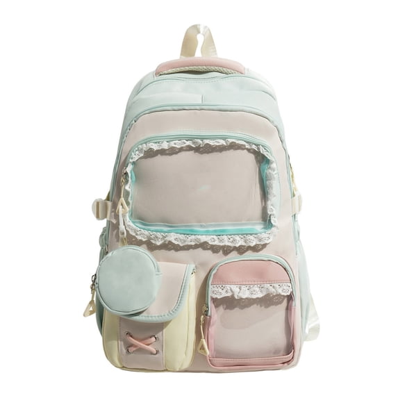 Cute Backpack for Kids Kawaii School Bag Laptop Bookbags Preppy Aesthetic Backpack with Clear Window Pocket and Lace Trim Detail