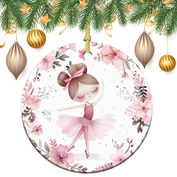 Cute Ballerina with A Pink Floral Wreath Ceramic Ornament Ballet Girl Dancer Ative Ornaments for Christmas Tree Gifts for Christmas 2024