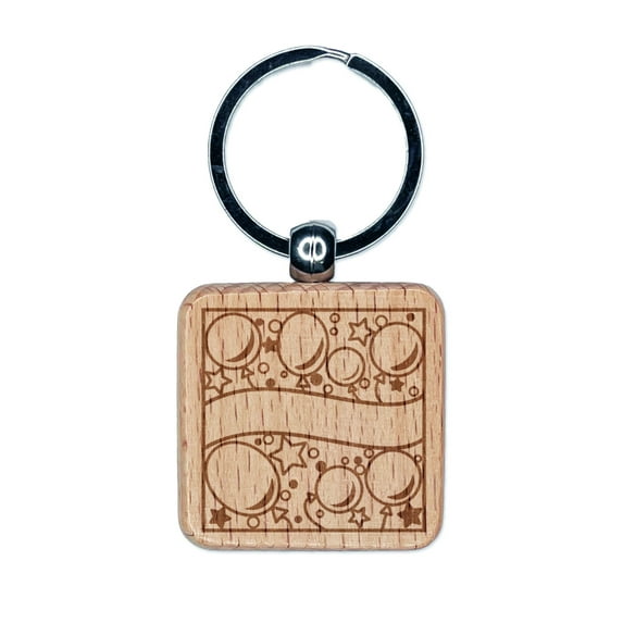 Cute Balloons and Stars Blank Banner for Celebration Party Birthday Square Keychain Charm Tag - Engraved Wood