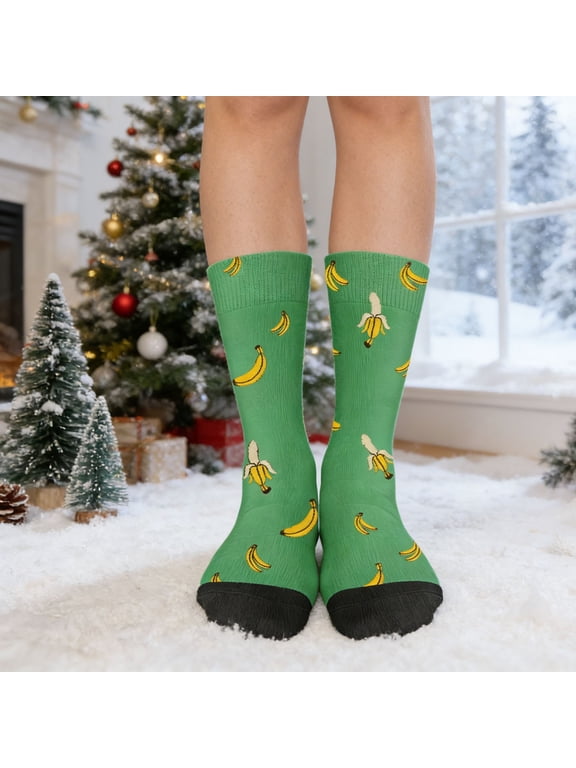 Cute Banana Pattern Socks for Men & Women, Soft Breathable Novelty Fruit Socks,Easter Gifts, Comfortable Casual Crew Socks for Daily Wear, Home Lounge & Funny Gift for All Seasons, A Pair, Green