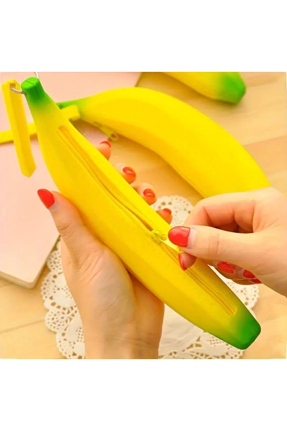 Cute Banana-Shaped Cartoon Pen Coin Pouch Storage with Zip Lanyard Lightweight Trendy