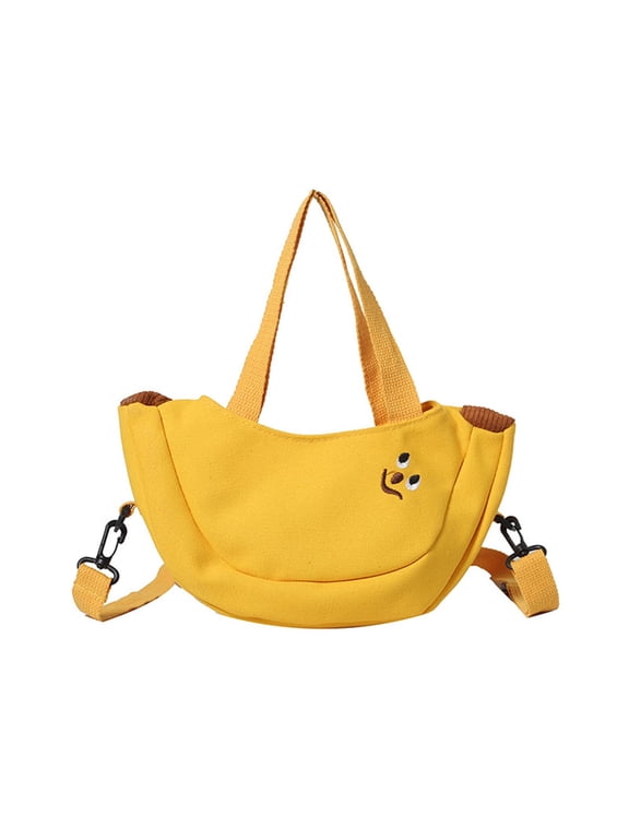Cute Banana Shaped Crossbody Shoulder Bag, Cloth Fabric Casual Handbag With Smiley Face Embroidery for Daily Outing