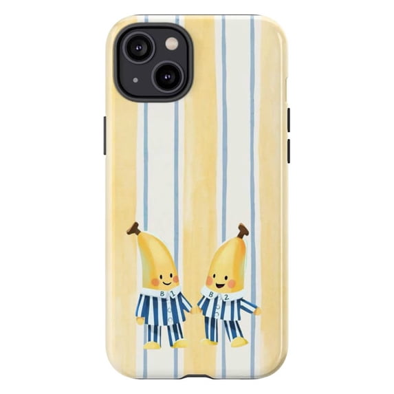 Cute Banana Twins in Striped Pyjamas Phone Case, Aesthetic Yellow Blue Watercolor Cover for iPhone 17 16 15 14 13 12 11 Pro Plus Mini