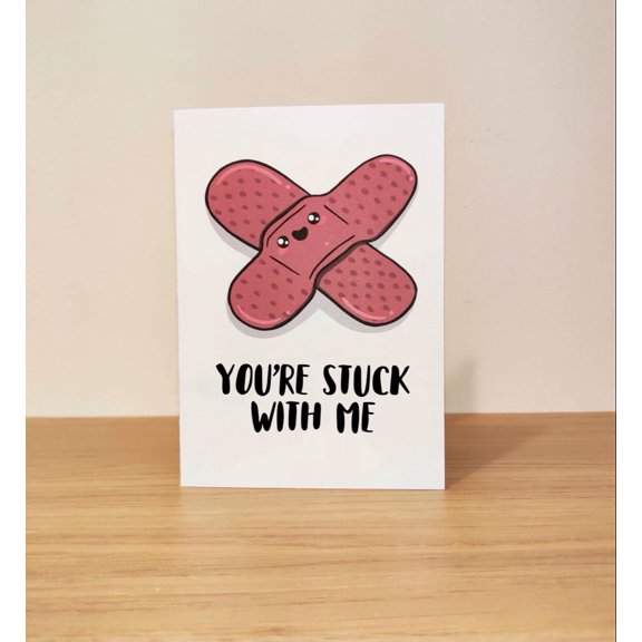 Cute Band-Aid Greeting Card – "You're Stuck with Me" Message – Perfect for Friends, Couples, or Anyone Needing Support – Blank Inside with Envelope Included