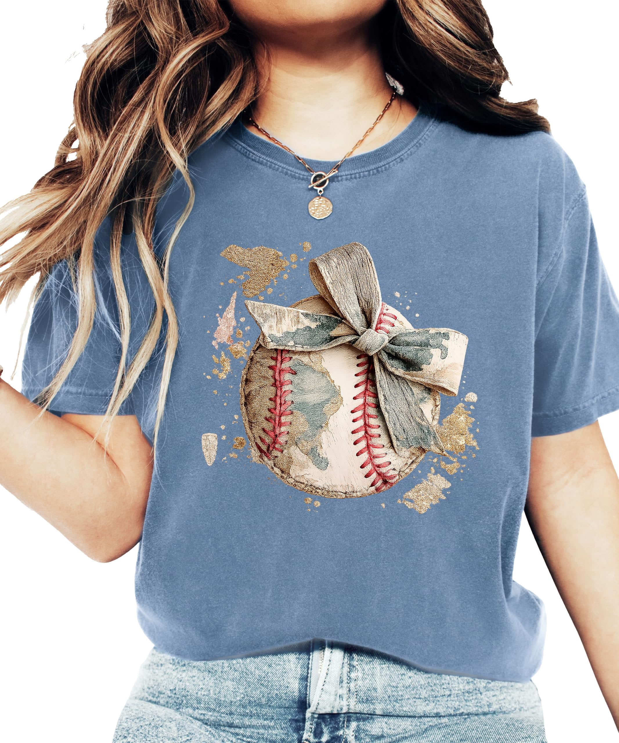 Cute Baseball Bow Shirt for Women - Coquette Game Day Tee - Trendy Sports Mom T-Shirt Blue Jean Shirt Adult 2XL