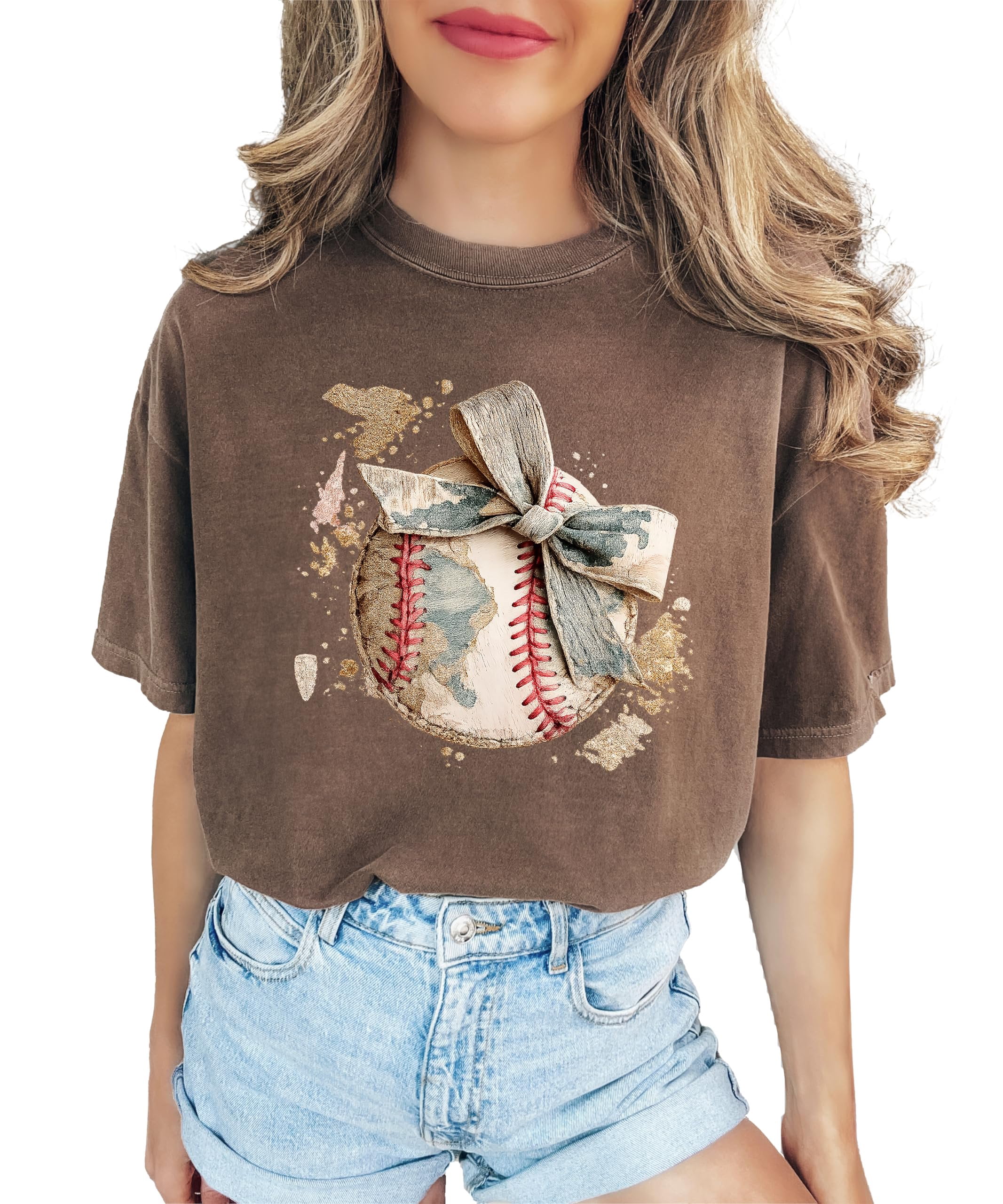 Cute Baseball Bow Shirt for Women - Coquette Game Day Tee - Trendy Sports Mom T-Shirt Espresso Shirt Adult Medium