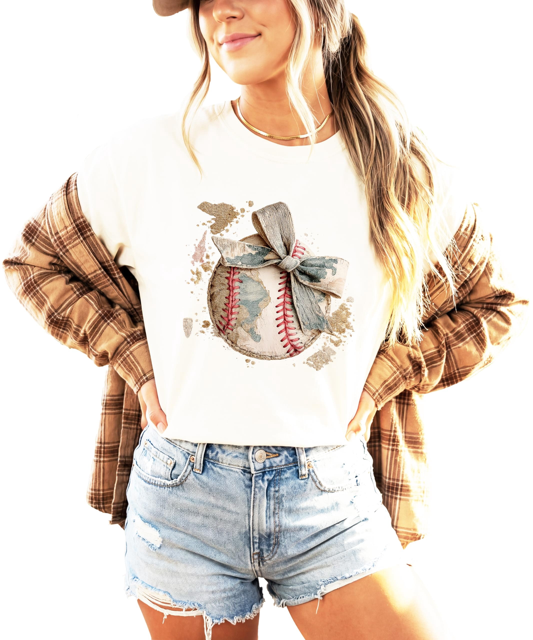 Cute Baseball Bow Shirt for Women - Coquette Game Day Tee - Trendy Sports Mom T-Shirt Ivory Shirt Adult Small