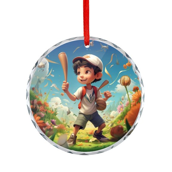 Cute Baseball Player Sport Crystal Glass Ornament Gifts for Women Baseball Lover Gifts Round Glass Hanging Ornament