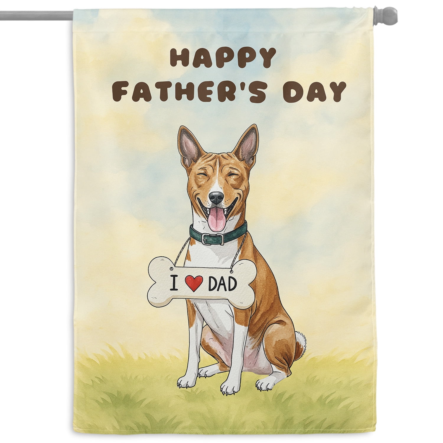 Cute Basenji Loves Dad Happy Father's Day House Flag 28x40in Double Sided African Barkless Dog Lover Outdoor Decor - 12008