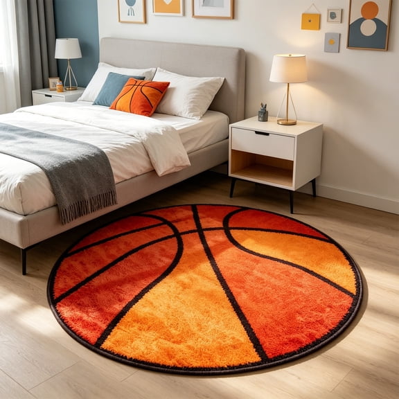 Cute Basketball Rug 31in Round for Boys Room Decor, Teens Room & Game Room | Fluffy Non-Slip Washable Area Rug for Basketball Room Decor, Men Room & Aesthetic Sports Decor