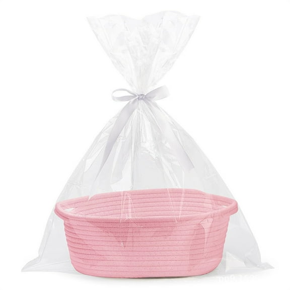 Cute Baskets for Gifts,Baskets for Gifts Empty,Small Woven White Gifts Basket for Storage Empty with Ribbons and Bags Durable Cute Gifts,Small Rope Basket for Gifting,Weaving Basket(Pink)