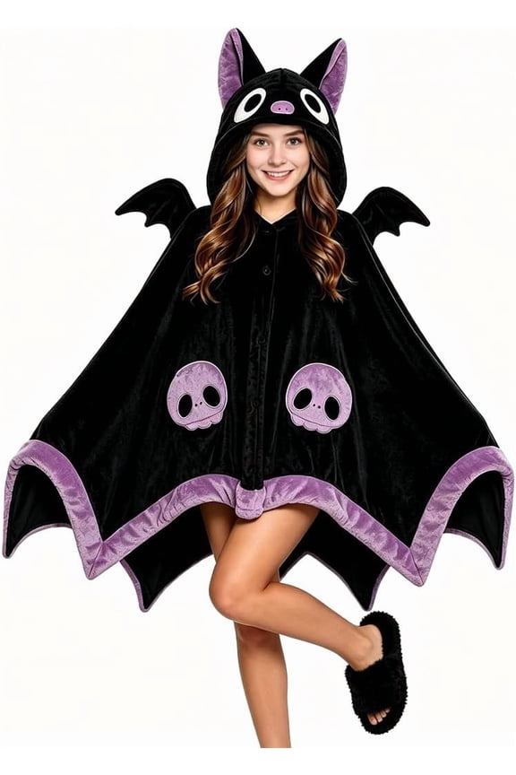 Cute Bat Blanket Hoodie Adult Wearable Bat Hoodie Blanket for Halloween Cosplay Soft Hooded Bat Cape for Women, Free Size Throw Cloak Wrap with Wings